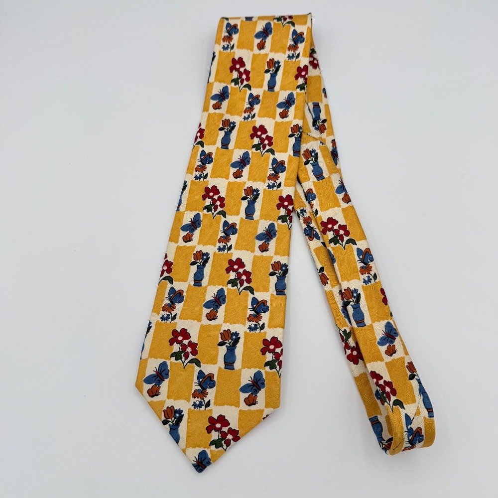 Korean Air Mens Yellow Checkerboard Butterfly Floral Silk Tie